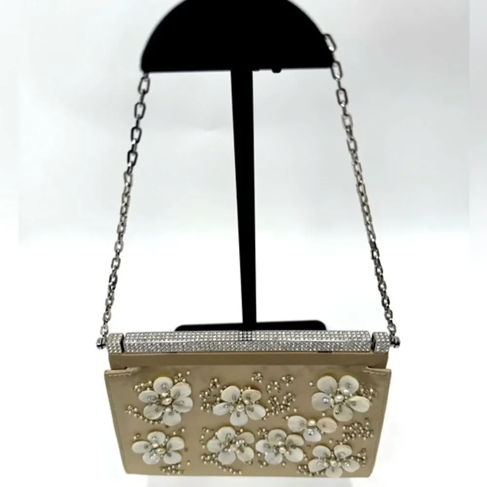 Auth Valentino Silk Floral Embroidered Crystal Framed Clutch Chain Evening Bag